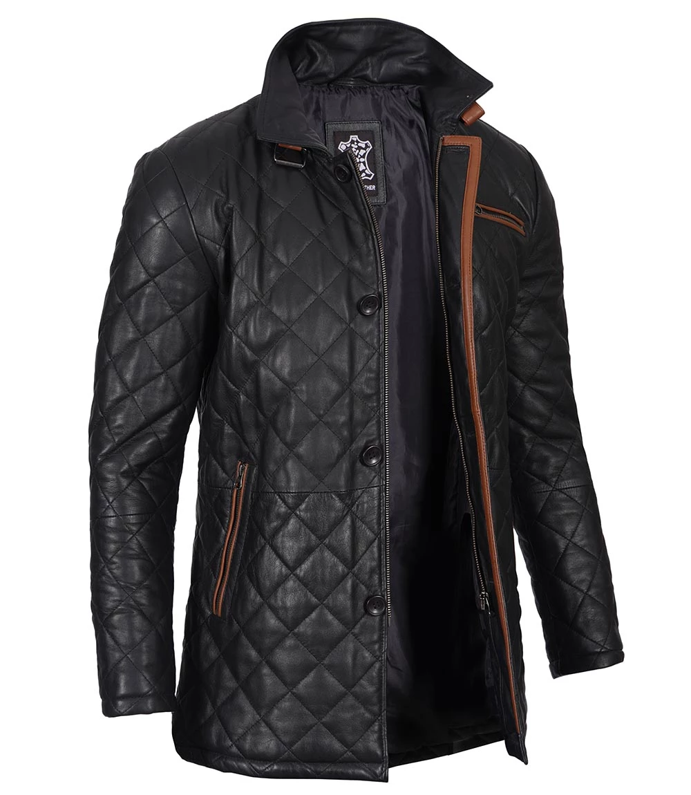 Glen Men Black Quilted Leather Car Coat