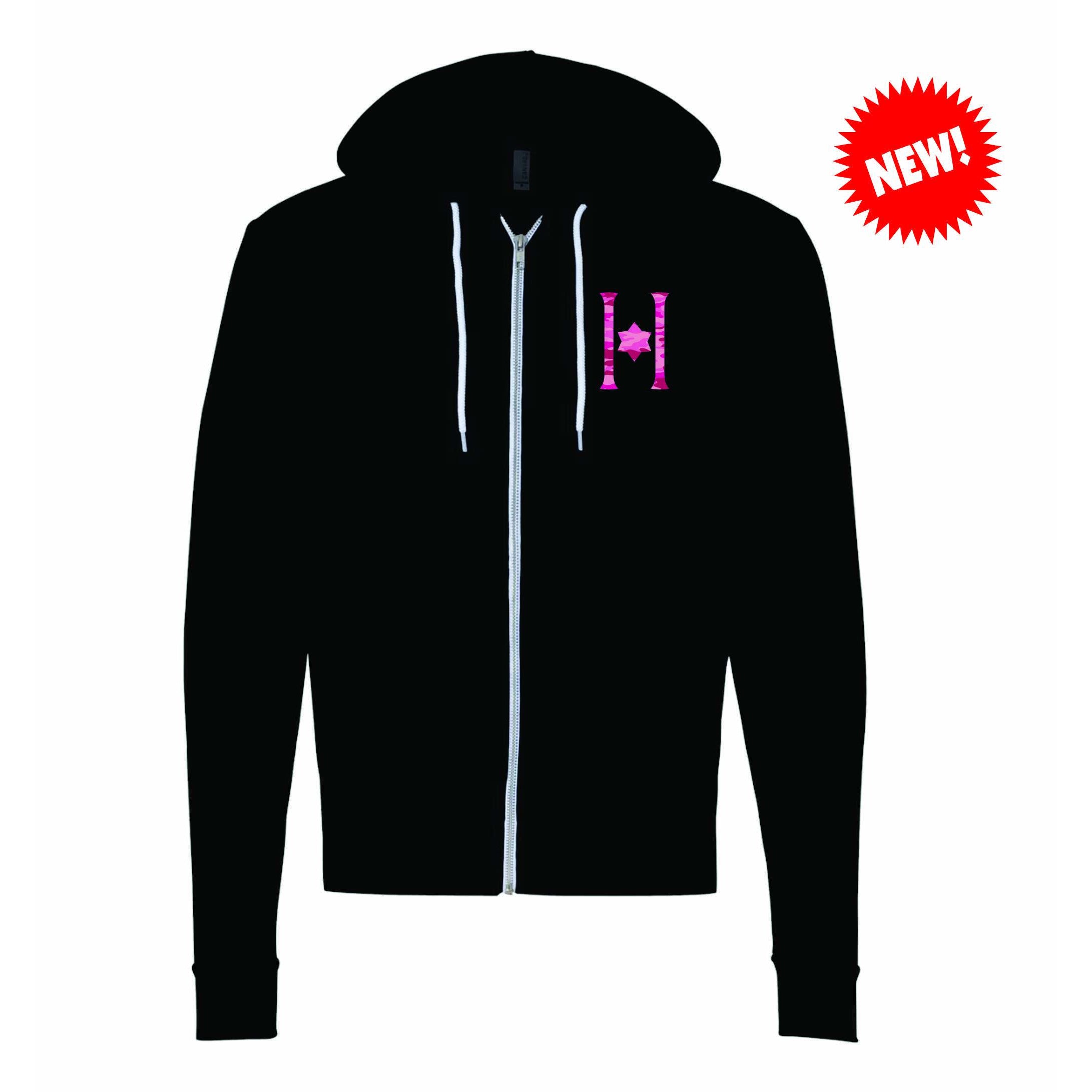 Hillel American Apparel Flex Fleece Youth Hood Zip w/ Contact Blue or Neon Pink Sparkle H Logo... And NEW!! Pink Camo