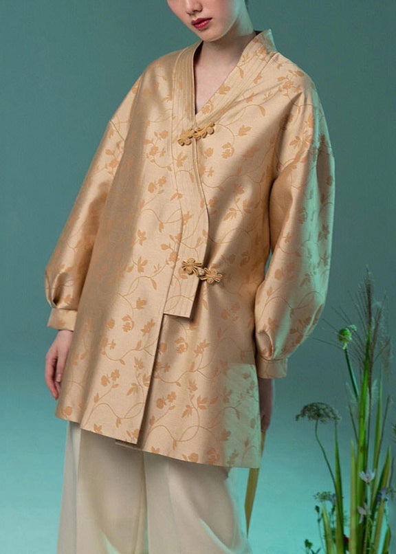 Jacquard Yellow V Neck Chinese Button Silk Coat Long Sleeve QA1079