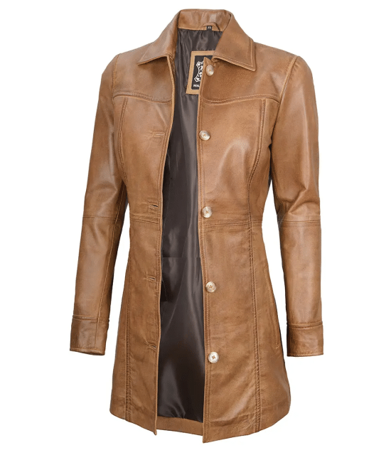 Kandis Women's Camel Brown Real Leather Car Coat