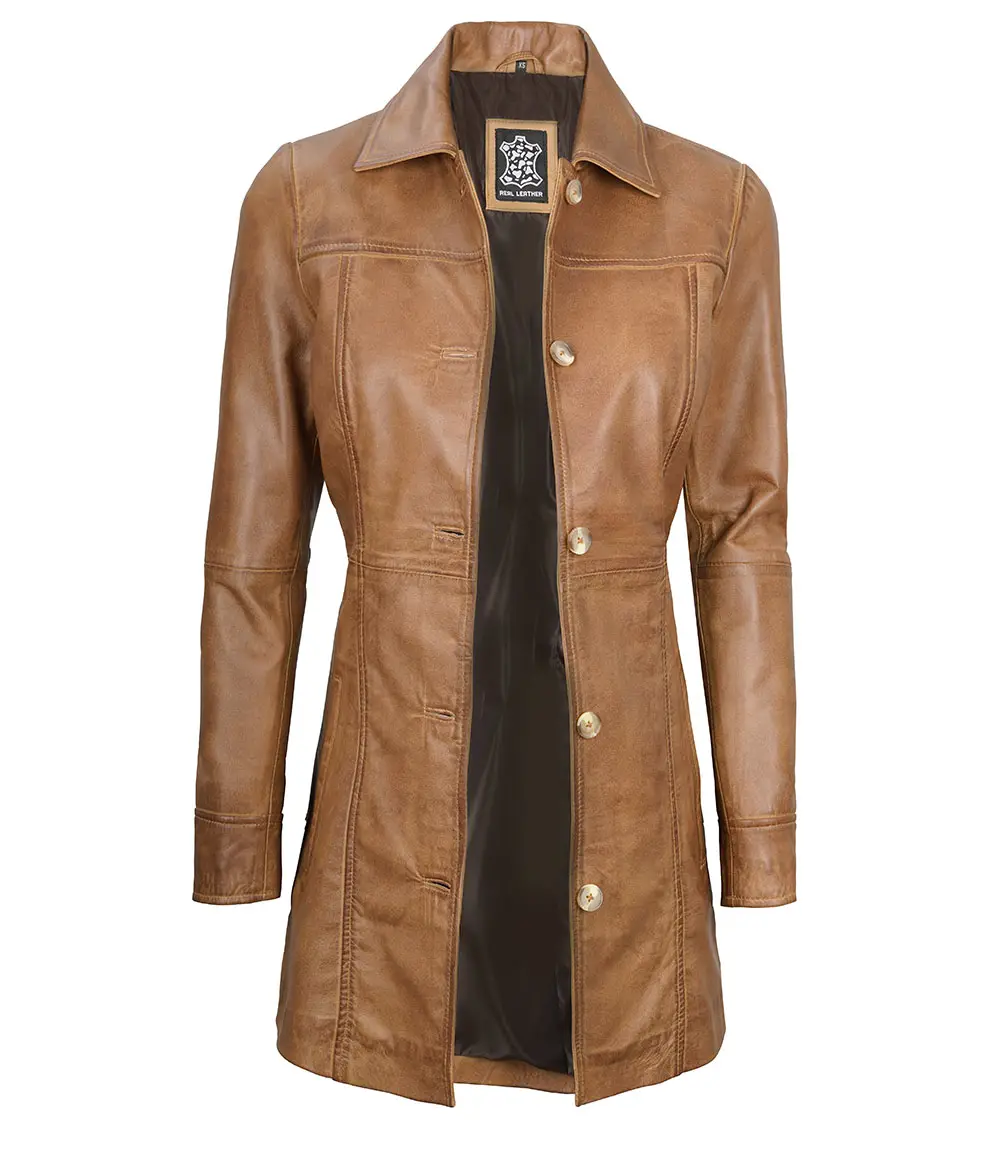 Kandis Women's Camel Brown Real Leather Car Coat