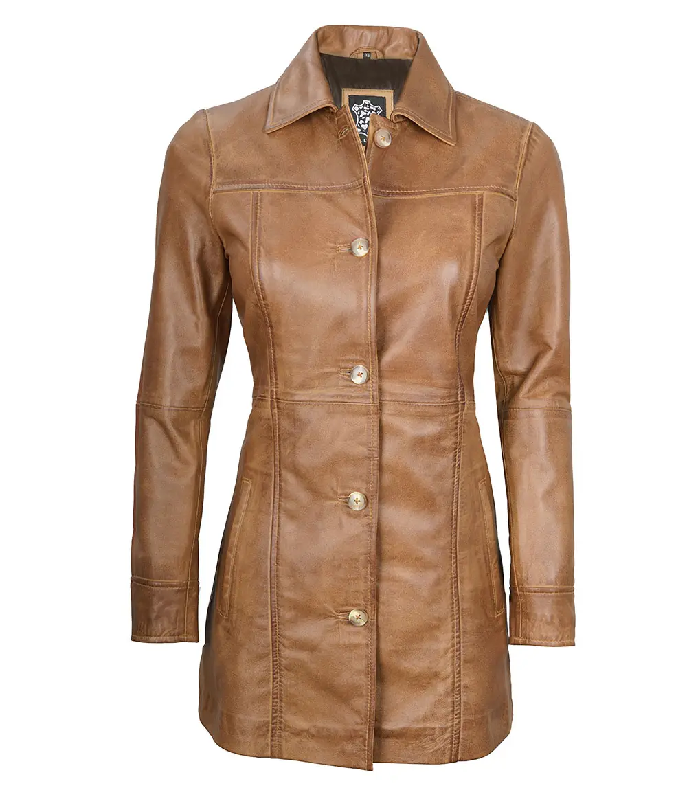 Kandis Women's Camel Brown Real Leather Car Coat