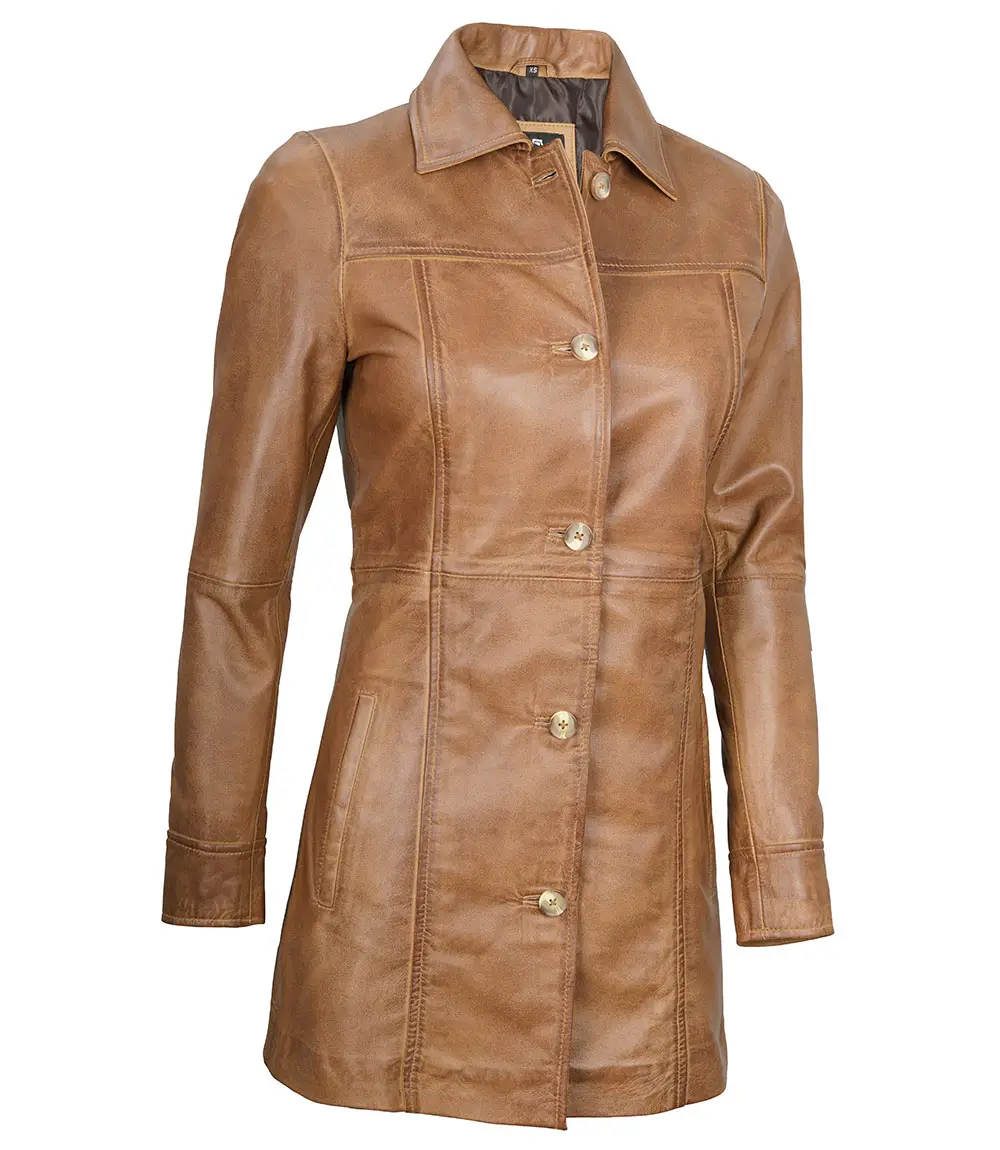 Kandis Women's Camel Brown Real Leather Car Coat