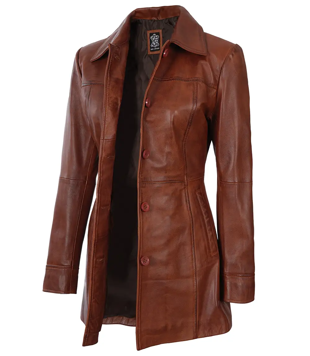 Kandis Women's Cognac Brown Leather Car Coat