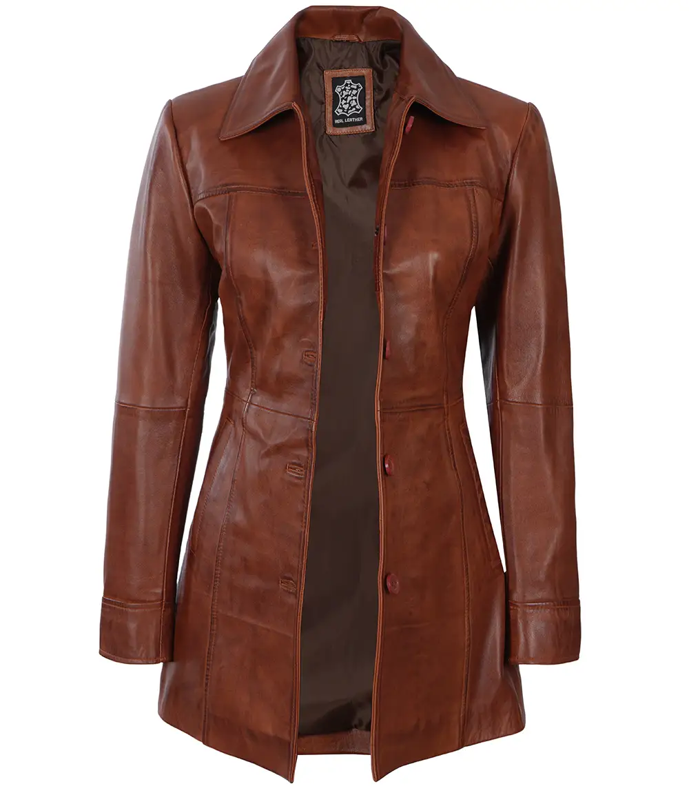 Kandis Women's Cognac Brown Leather Car Coat