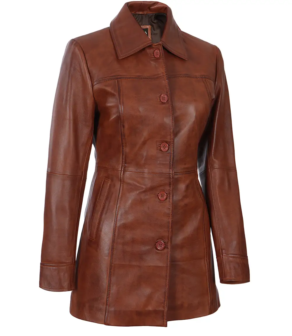 Kandis Women's Cognac Brown Leather Car Coat