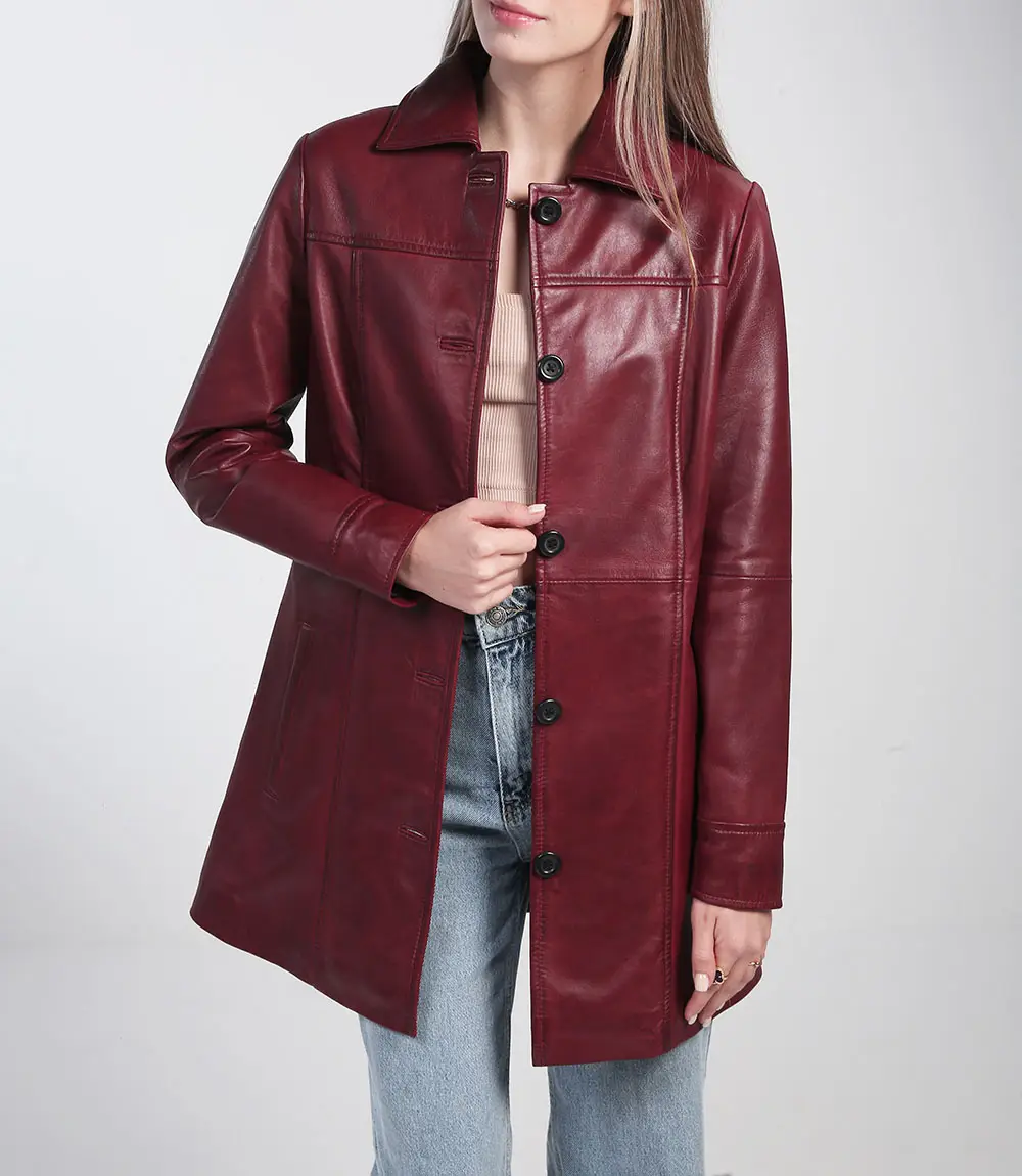 Kandis Women's Maroon Real Leather Car Coat