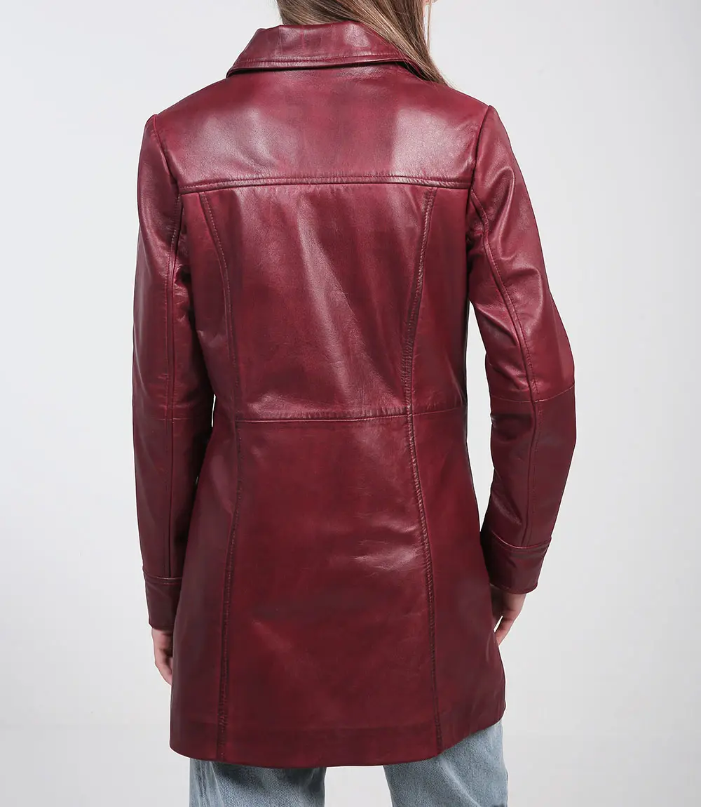 Kandis Women's Maroon Real Leather Car Coat