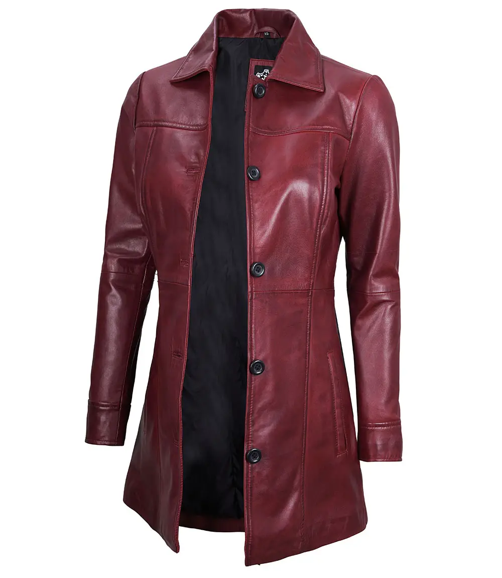 Kandis Women's Maroon Real Leather Car Coat