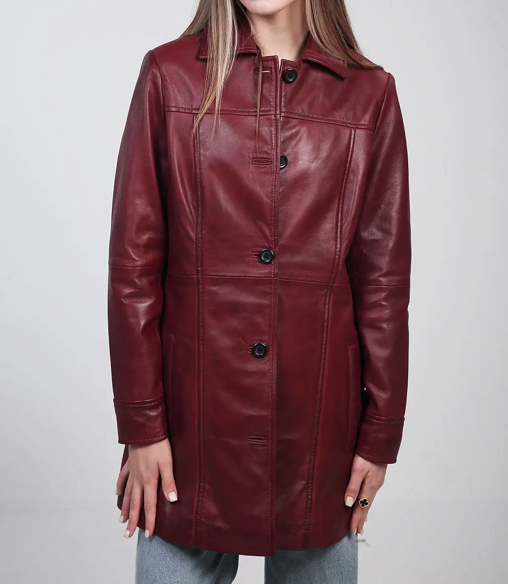 Kandis Women's Maroon Real Leather Car Coat