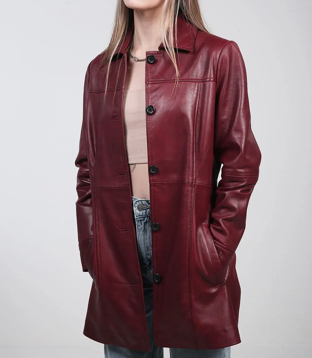 Kandis Women's Maroon Real Leather Car Coat