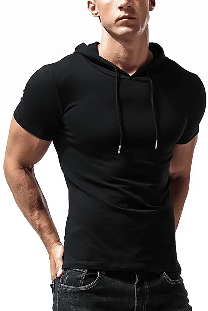 KUYIGO Mens Hoodies Fashion Athletic Short Sleeve Sport Sweatshirt Slim Fit Pullover Shirt