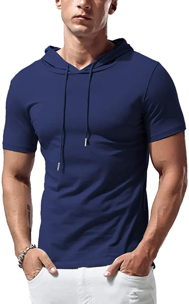 KUYIGO Mens Hoodies Fashion Athletic Short Sleeve Sport Sweatshirt Slim Fit Pullover Shirt