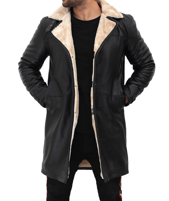 Men Beige Black Leather Shearling Coat