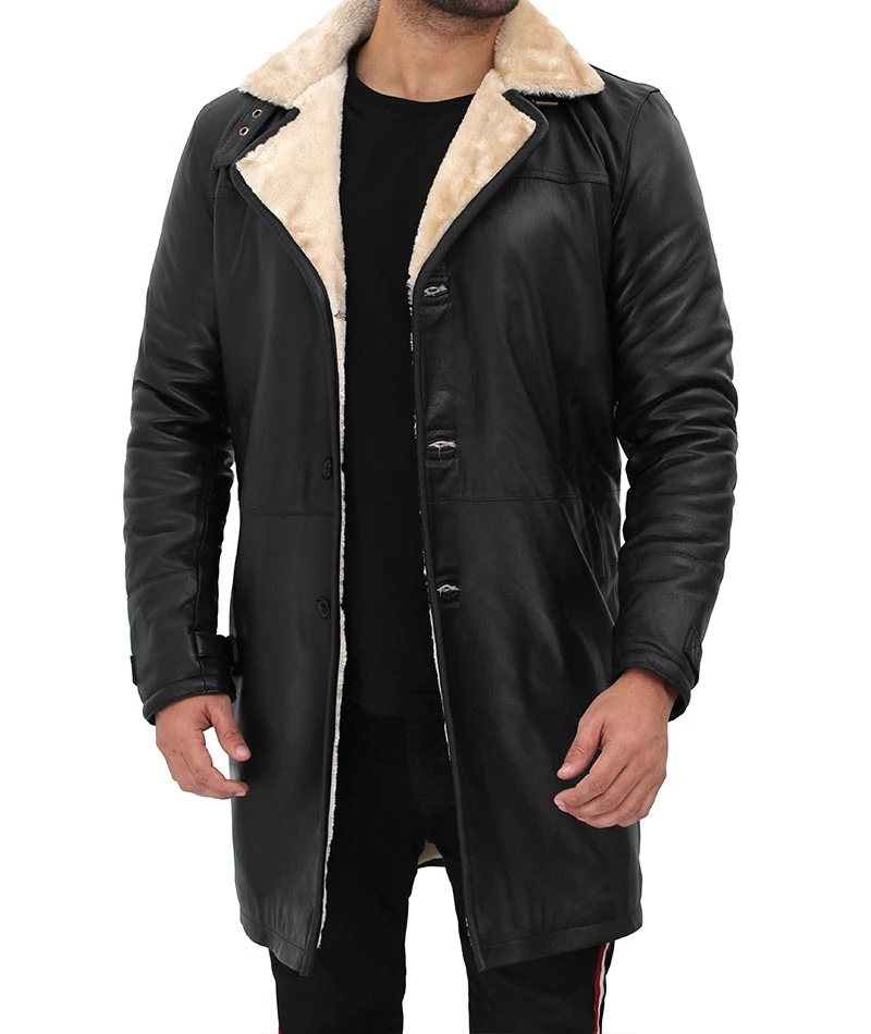 Men Beige Black Leather Shearling Coat