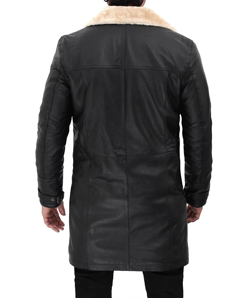 Men Beige Black Leather Shearling Coat