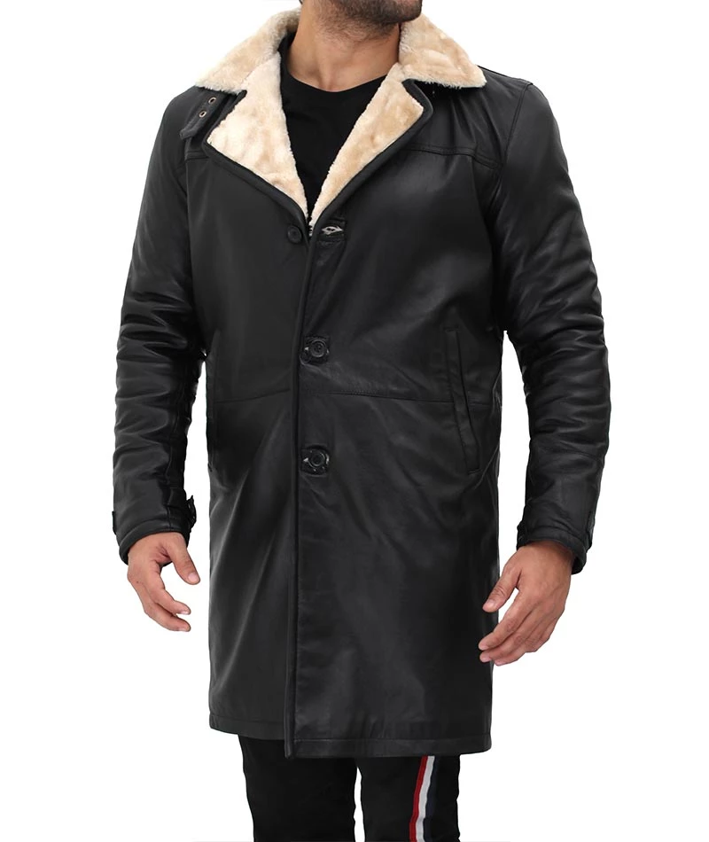 Men Beige Black Leather Shearling Coat