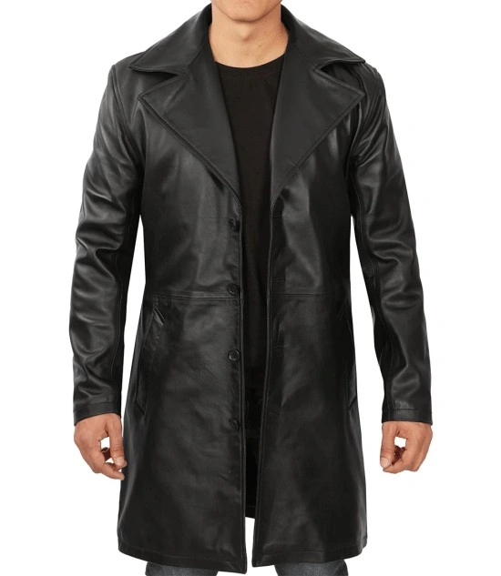 Men's Black 3/4 Length Real Leather Car Coat