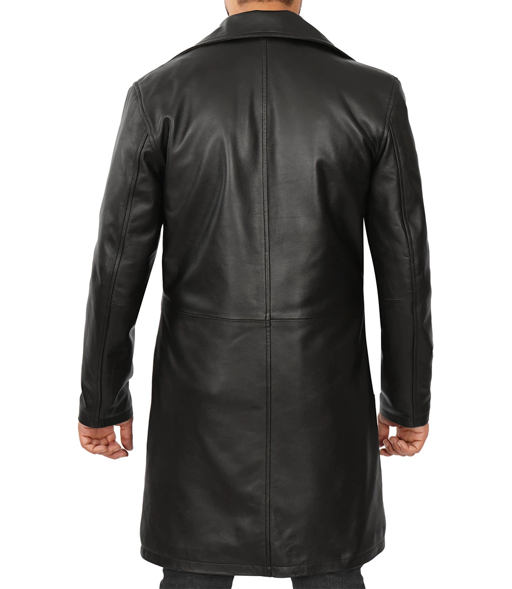 Men's Black 3/4 Length Real Leather Car Coat