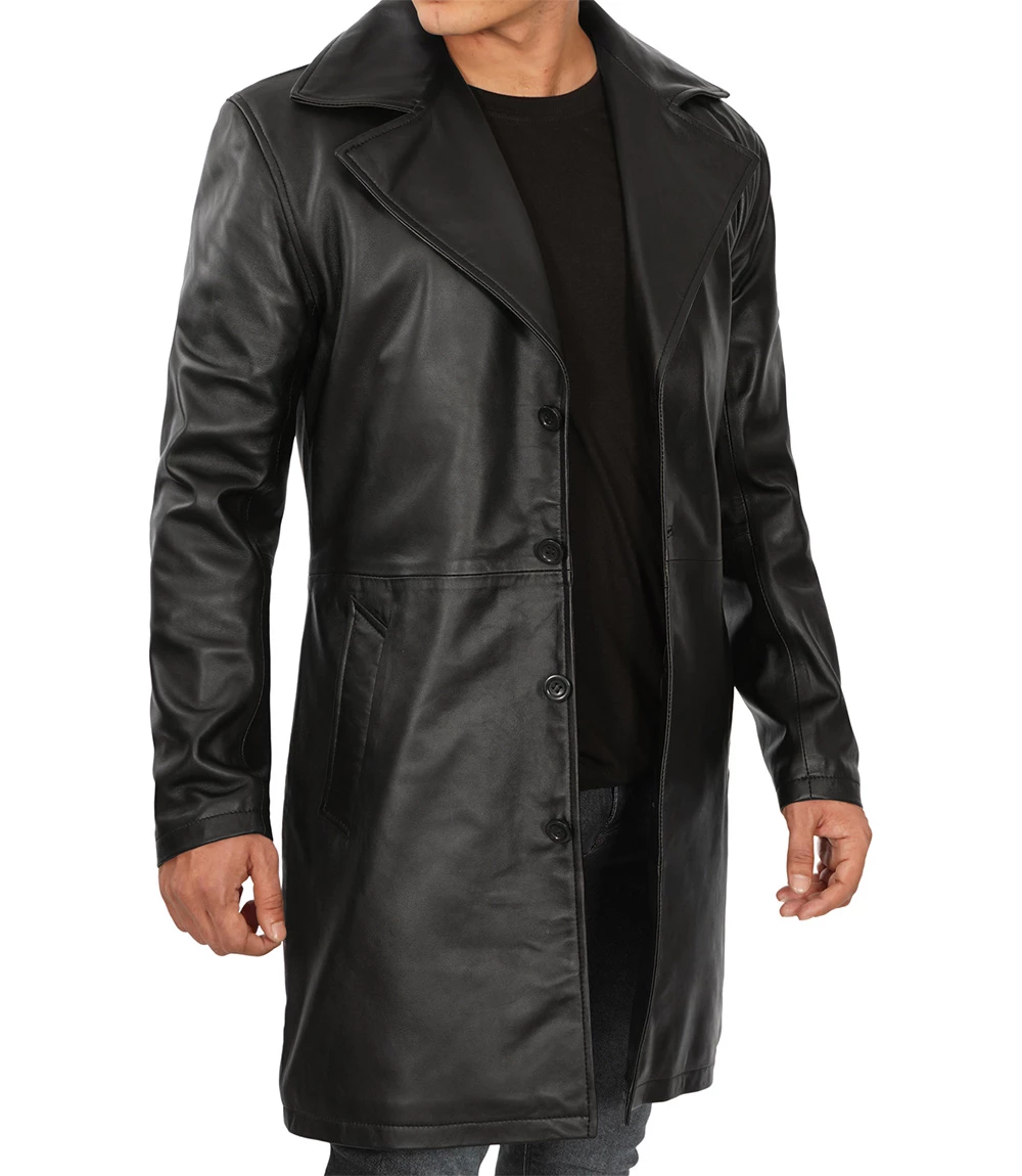 Men's Black 3/4 Length Real Leather Car Coat