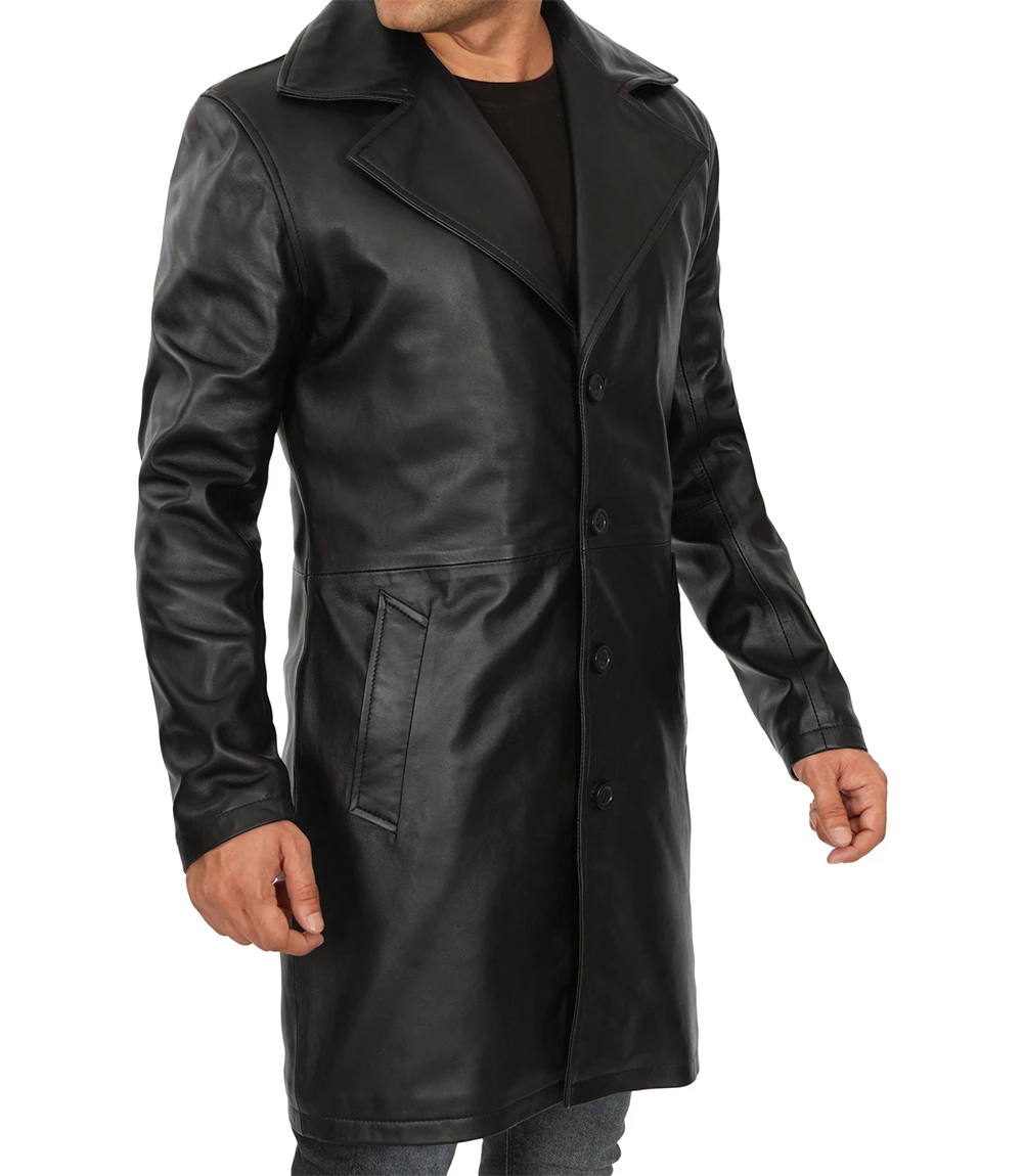 Men's Black 3/4 Length Real Leather Car Coat