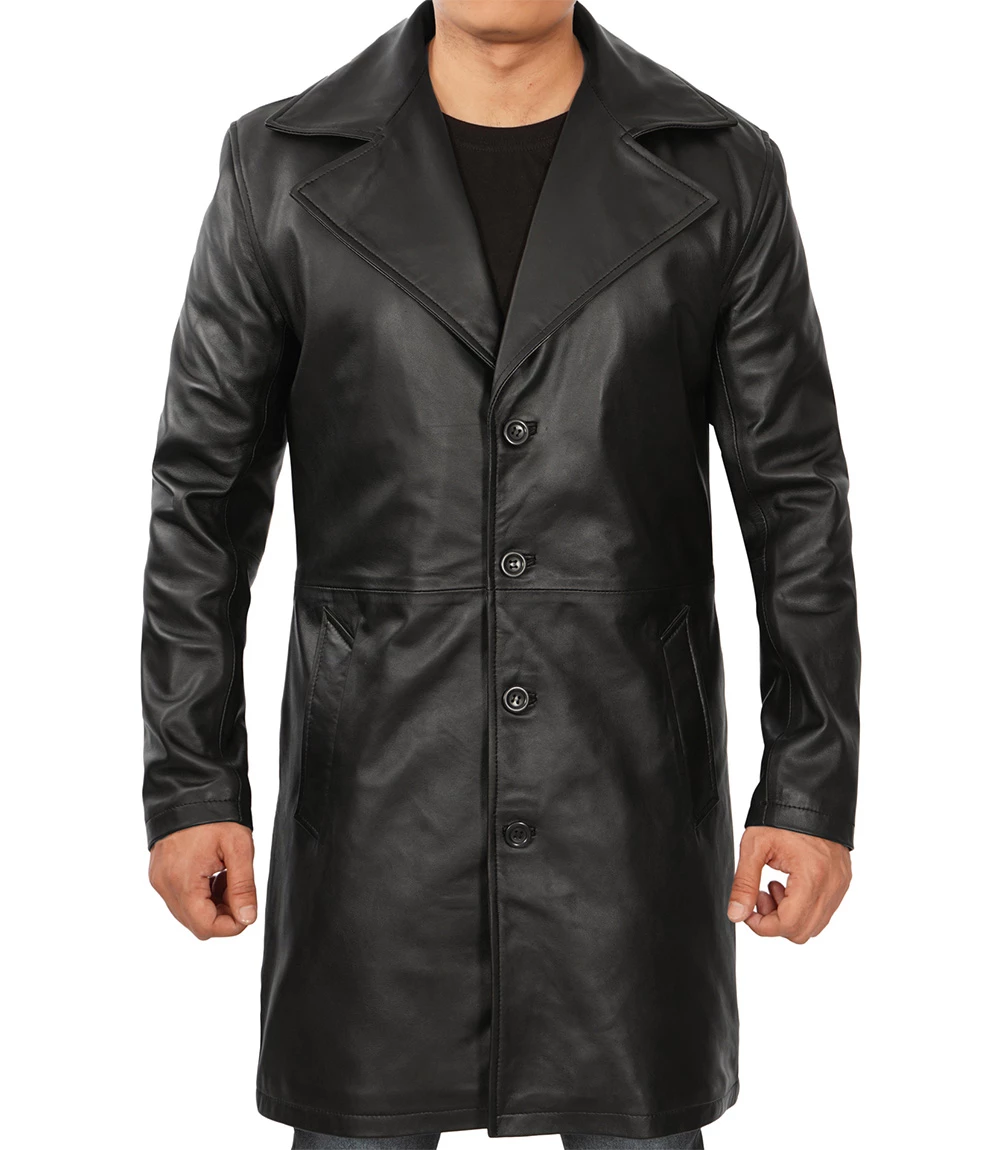 Men's Black 3/4 Length Real Leather Car Coat