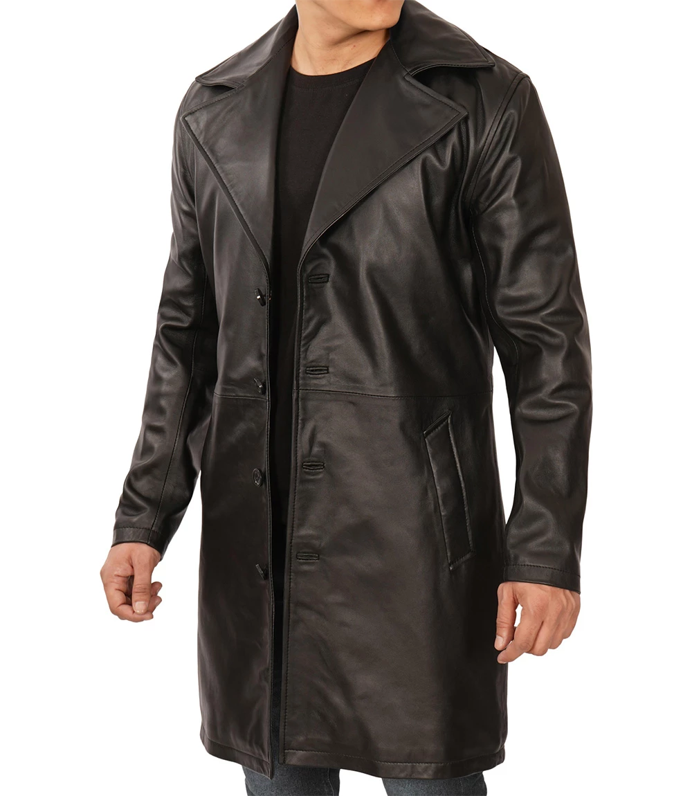 Men's Black 3/4 Length Real Leather Car Coat