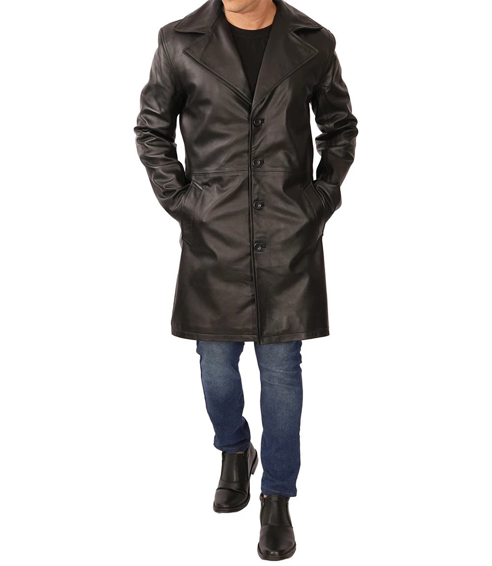 Men's Black 3/4 Length Real Leather Car Coat