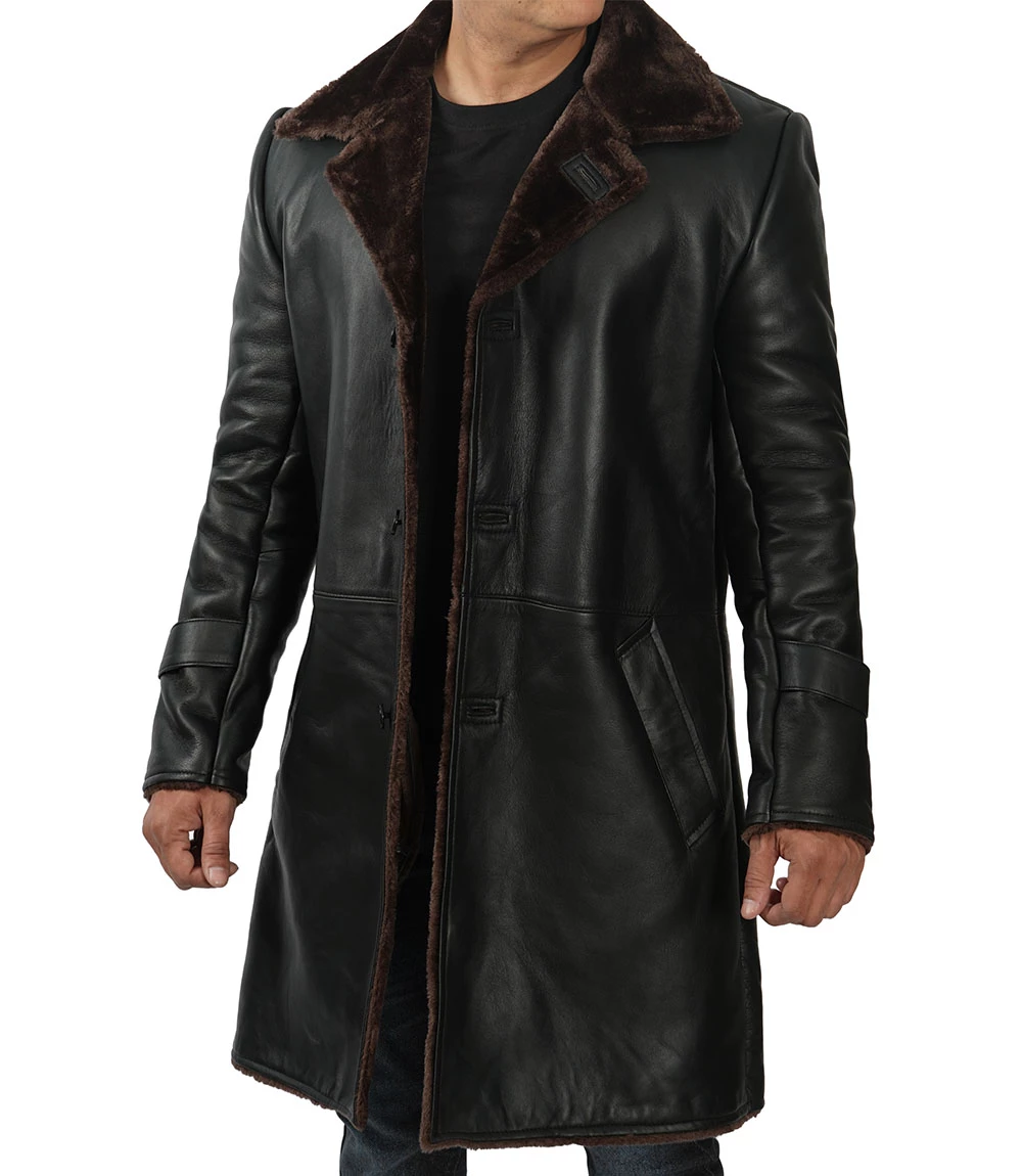 Men's Black Real Leather Shearling Coat