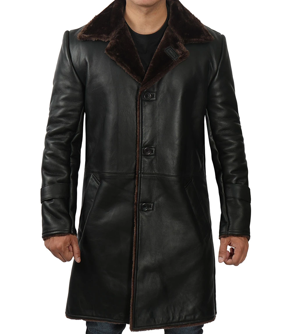 Men's Black Real Leather Shearling Coat