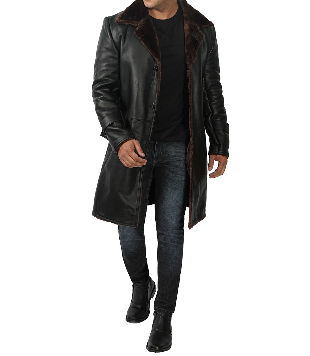 Men's Black Real Leather Shearling Coat