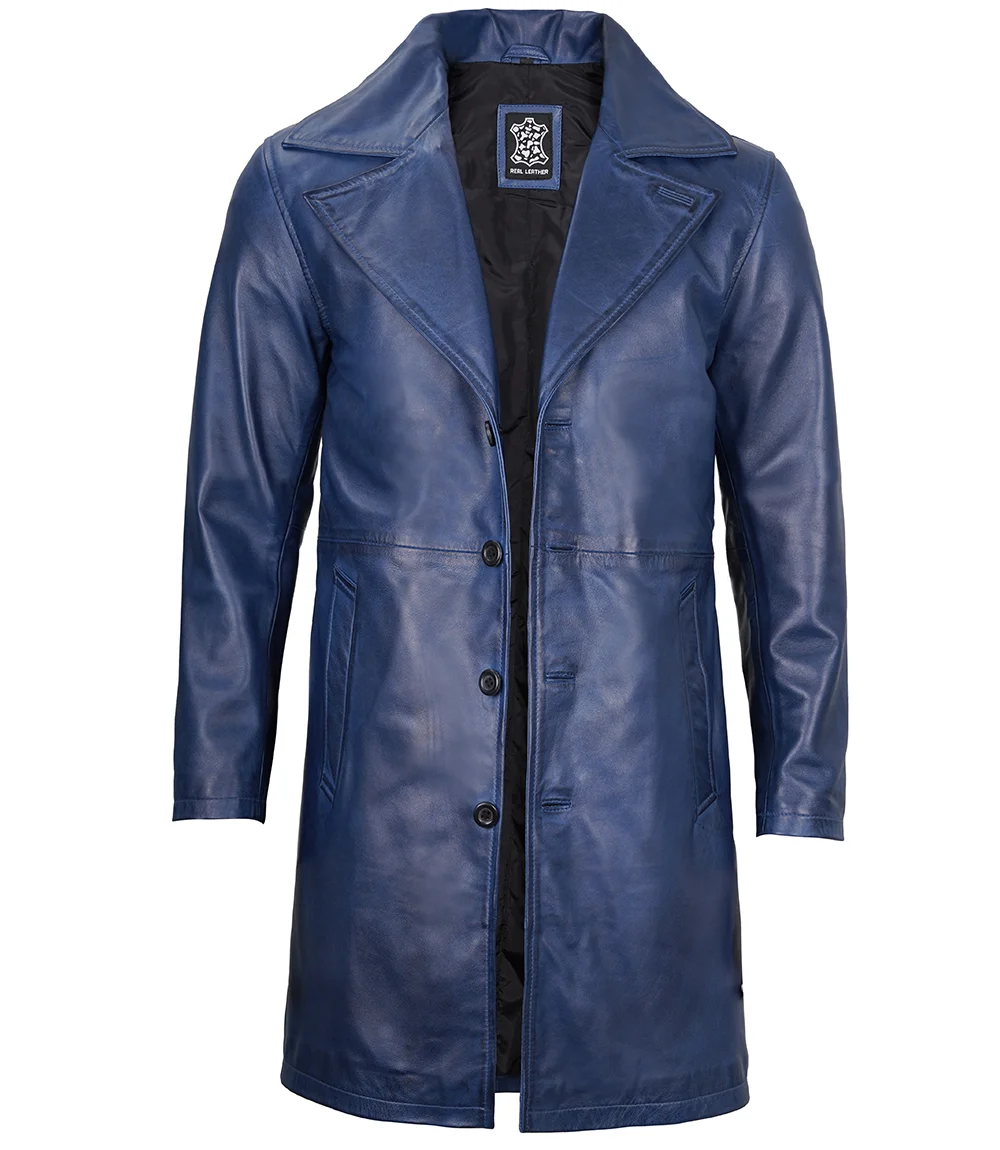 Men's Blue Real Leather Car Coat