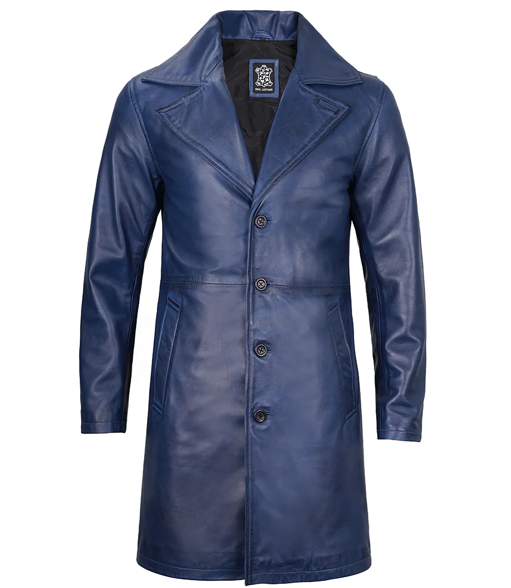 Men's Blue Real Leather Car Coat