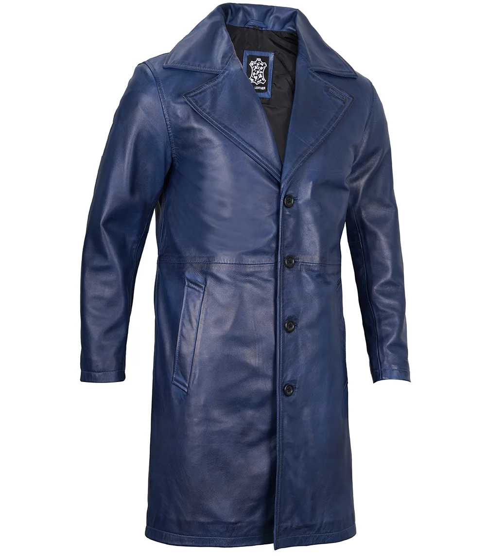 Men's Blue Real Leather Car Coat