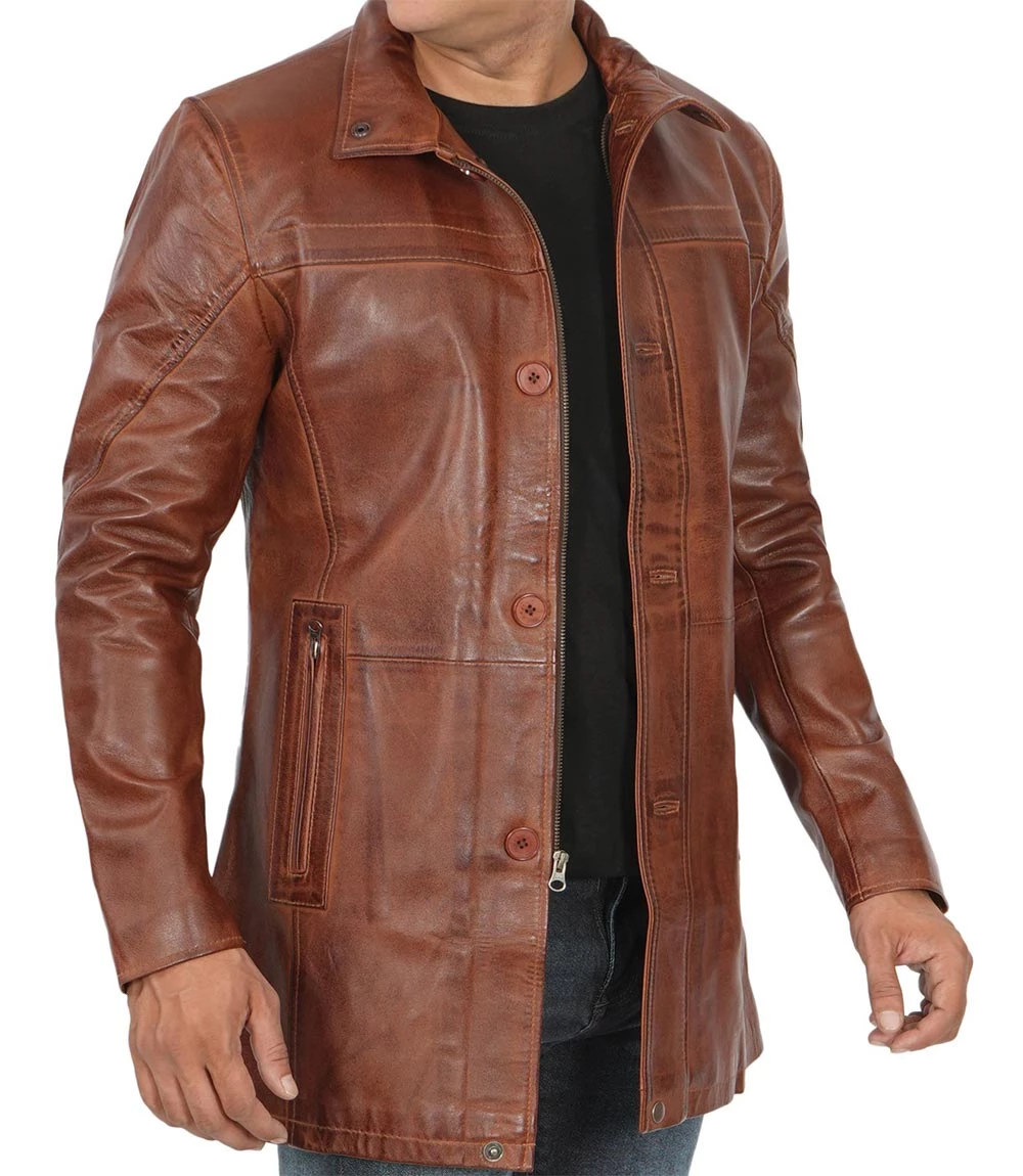 Men's Brown Cognac Leather Car Coat [Tall]