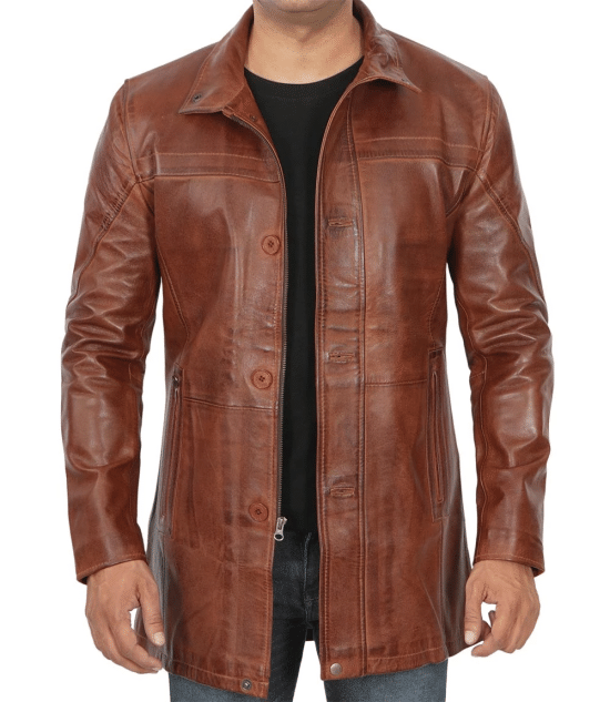 Men's Brown Cognac Leather Car Coat [Tall]