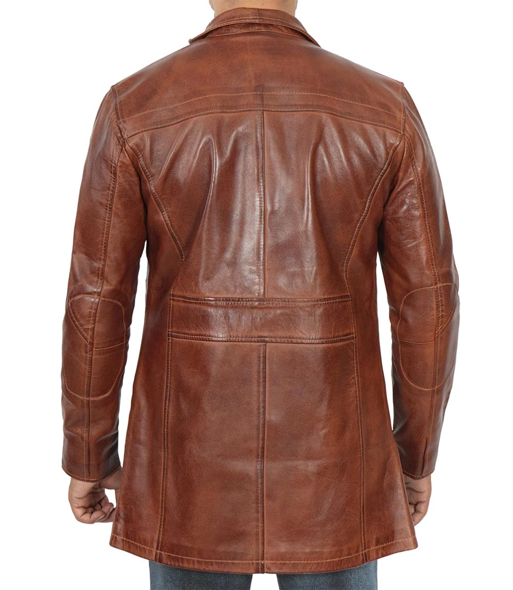 Men's Brown Cognac Leather Car Coat [Tall]