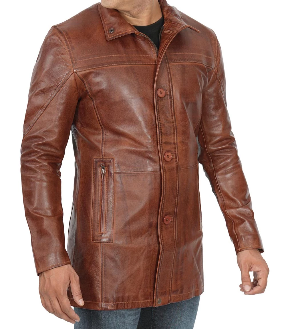 Men's Brown Cognac Leather Car Coat [Tall]