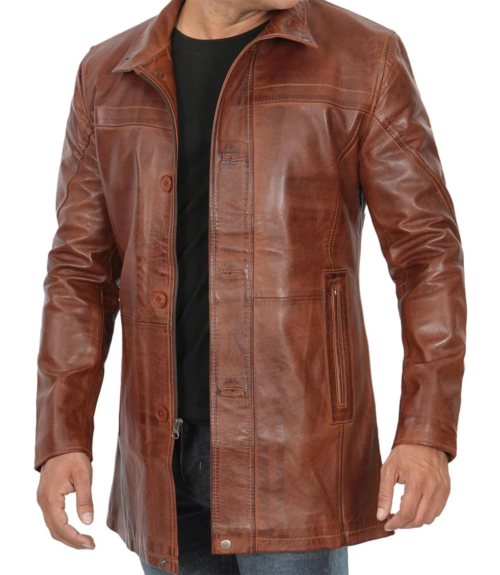 Men's Brown Cognac Leather Car Coat [Tall]