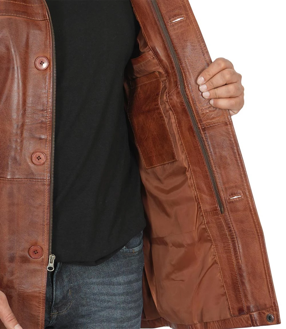 Men's Brown Cognac Leather Car Coat [Tall]