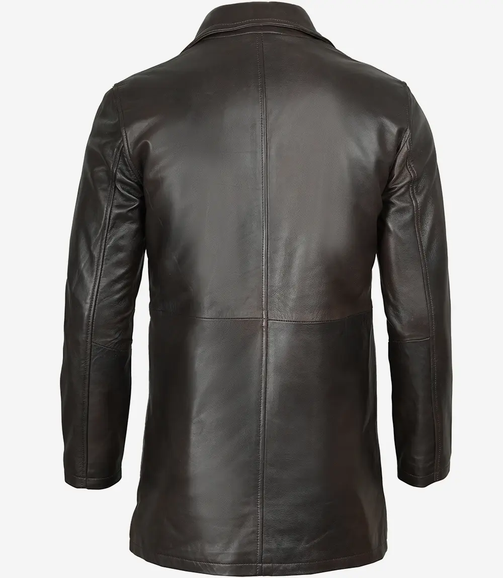 Men's Distressed Dark Brown Leather Car Coat