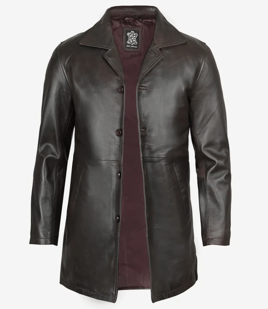 Men's Distressed Dark Brown Leather Car Coat