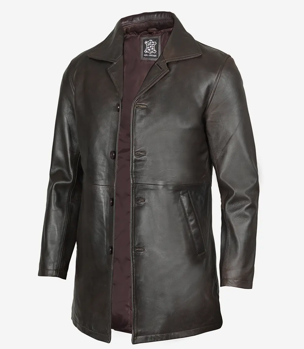 Men's Distressed Dark Brown Leather Car Coat