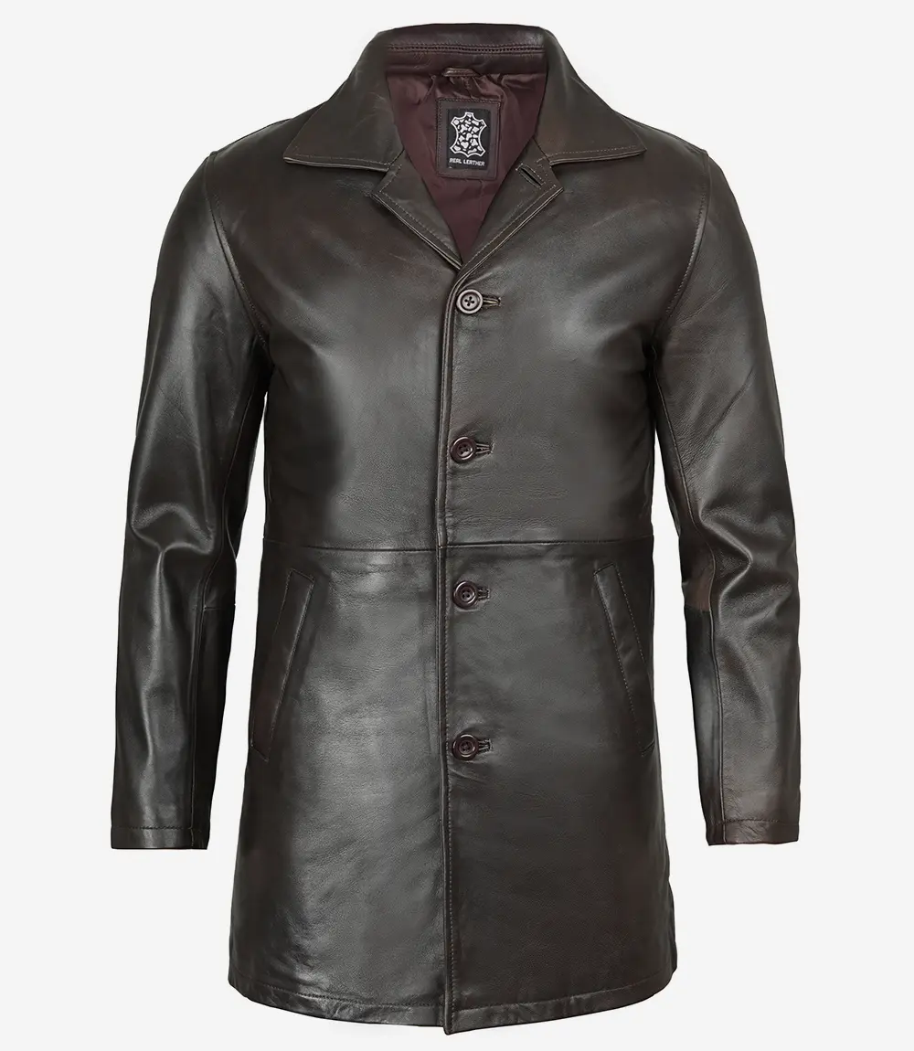 Men's Distressed Dark Brown Leather Car Coat