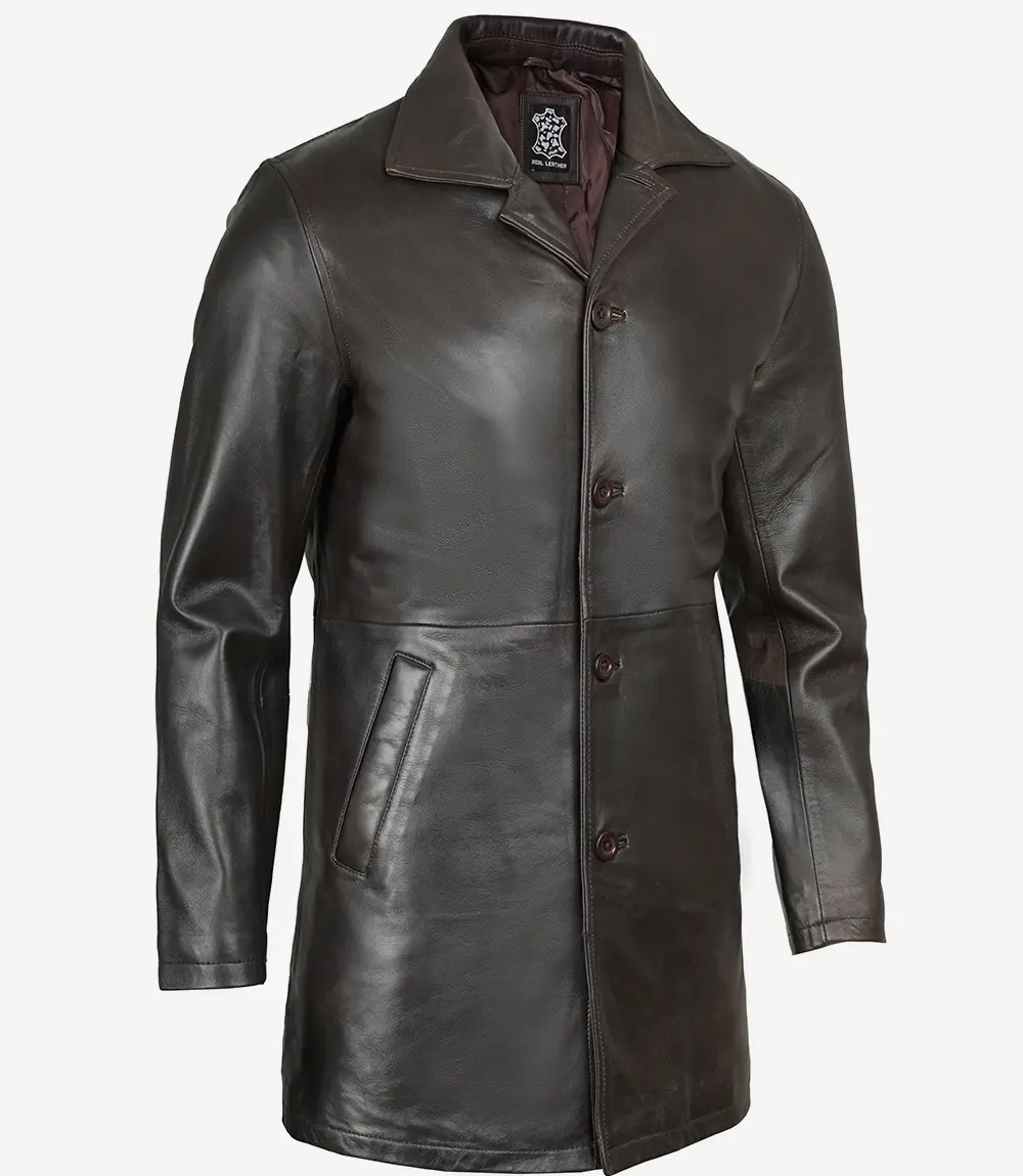 Men's Distressed Dark Brown Leather Car Coat