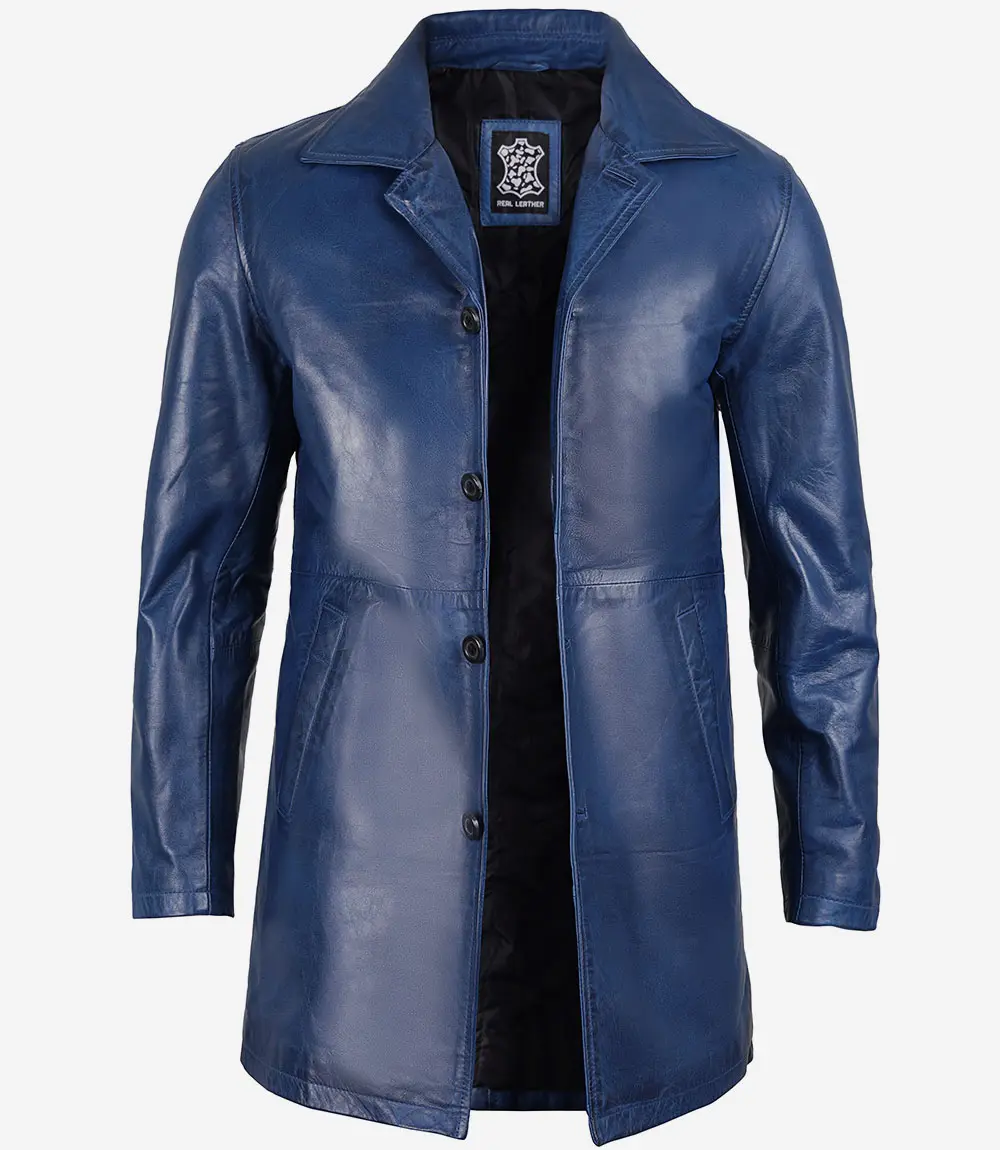 Men's Leather Blue 3 4 Car Coat