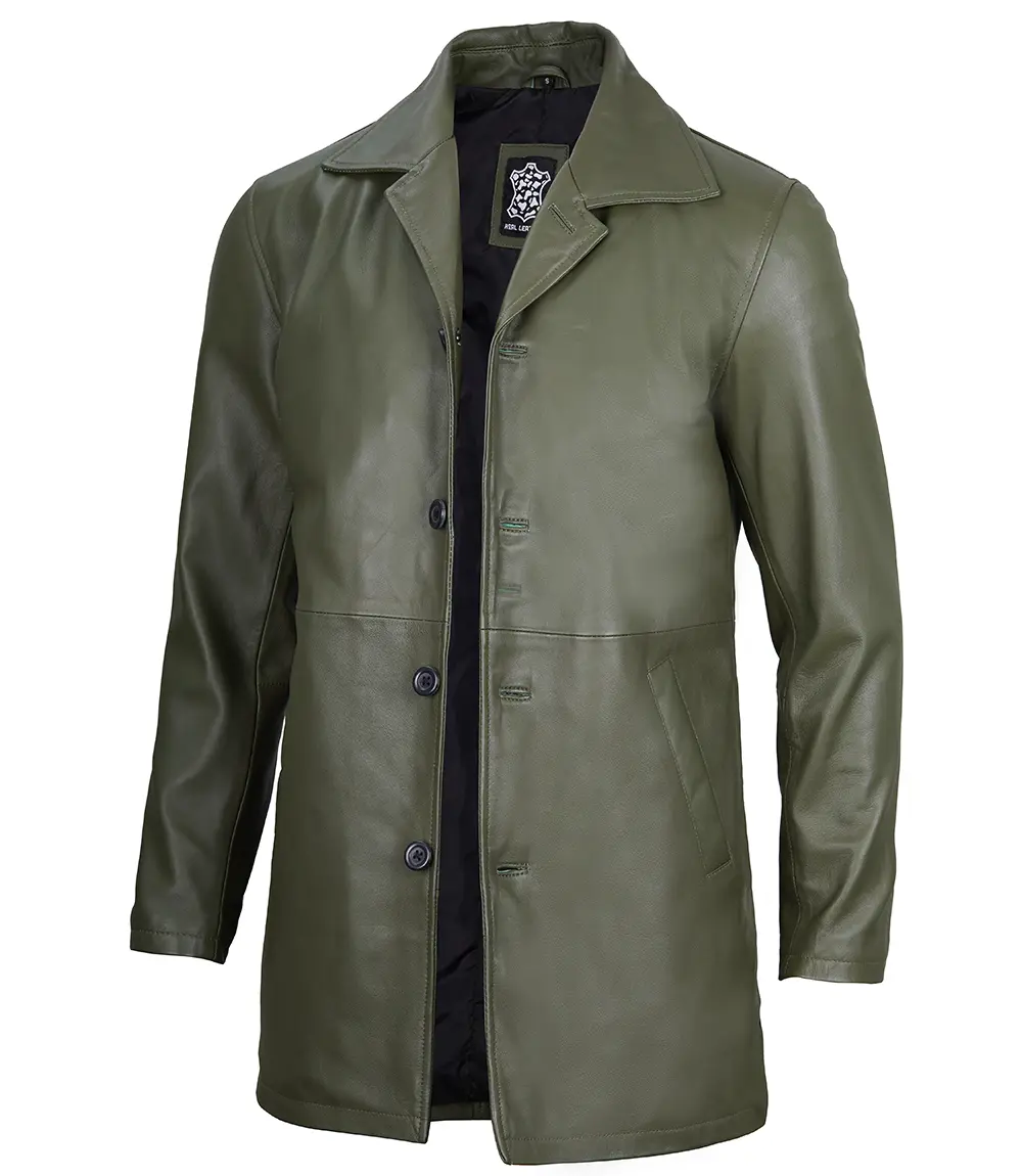 Men's Leather Military Green 3/4 Car Coat