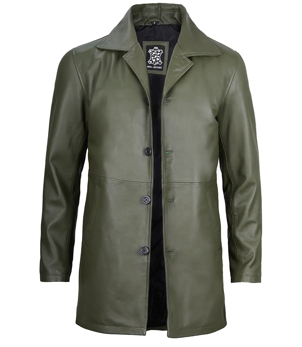 Men's Leather Military Green 3/4 Car Coat