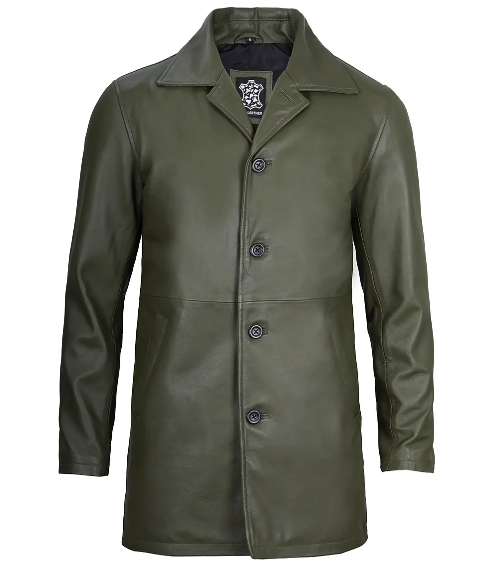 Men's Leather Military Green 3/4 Car Coat