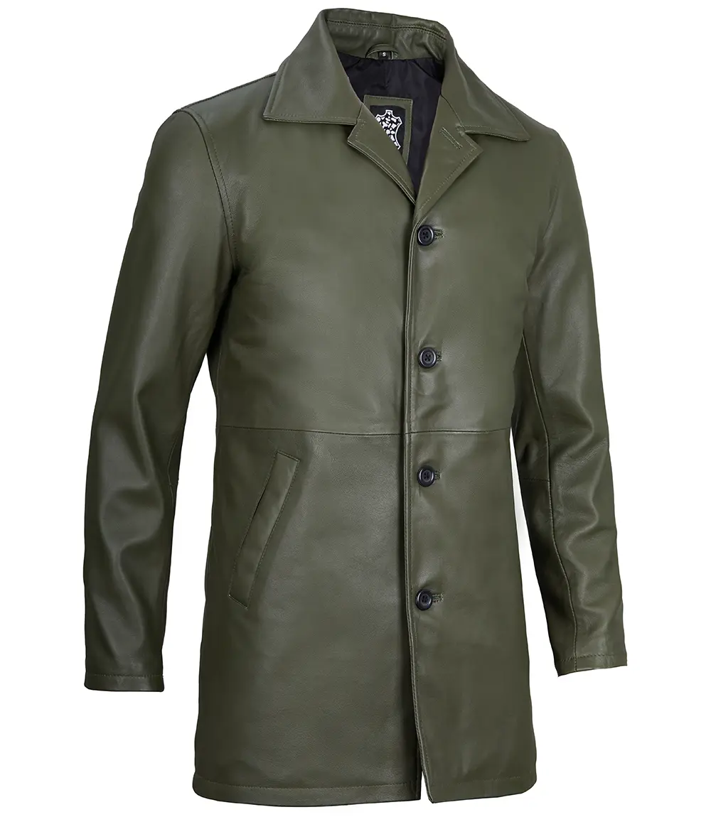 Men's Leather Military Green 3/4 Car Coat